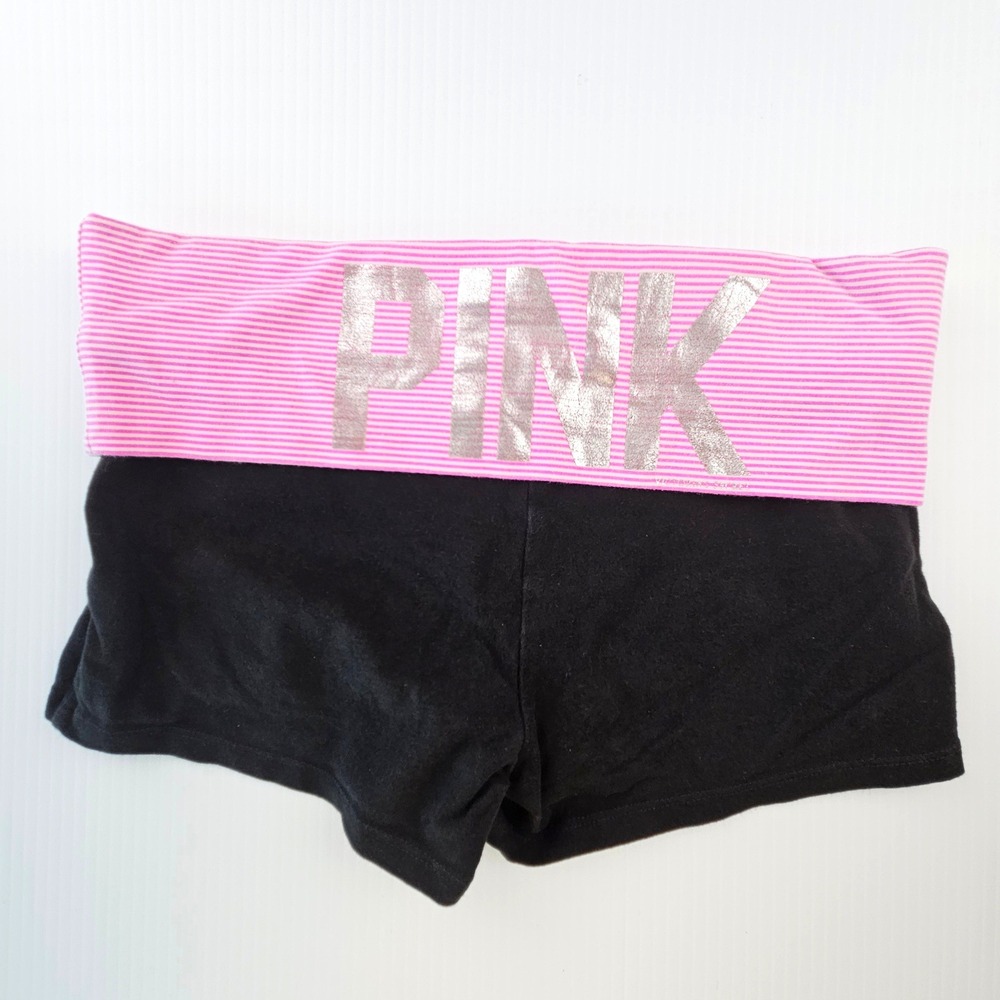 Victoria's Secret PINK Yoga Shorts Black Pink Striped Foldover Logo Small S